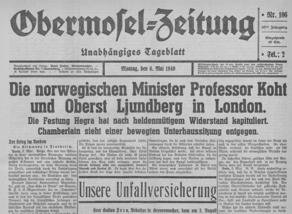 #HitlerStalinPact ' [Norwegian] Fortress Hegra has capitulated after heroic resistance.' 
Obermosel-Zeitung Monday, 6 May 1940, Luxembourg
persist.lu/ark:70795/t4t6…