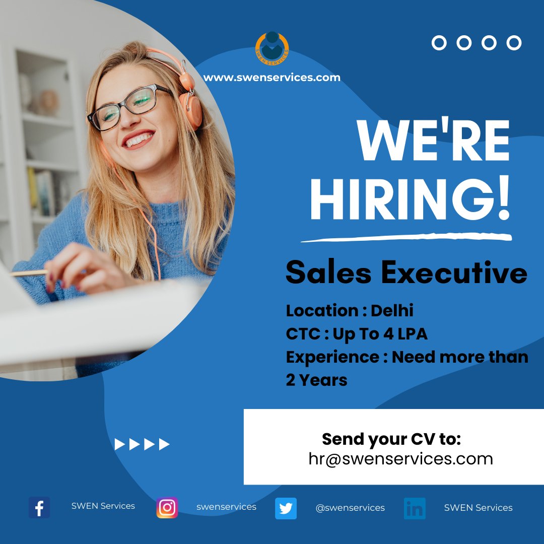 #hiringalert #swenservices 
#delhijobs #jobsindelhi
Position :: Sales Executive
Location :: Delhi
CTC :: Up to 4 LPA + Incentives
Need more than 2 years of field sales experience
Call or share your resume on 9157060860 for more details
#sales #fieldsales #salesandmarketing