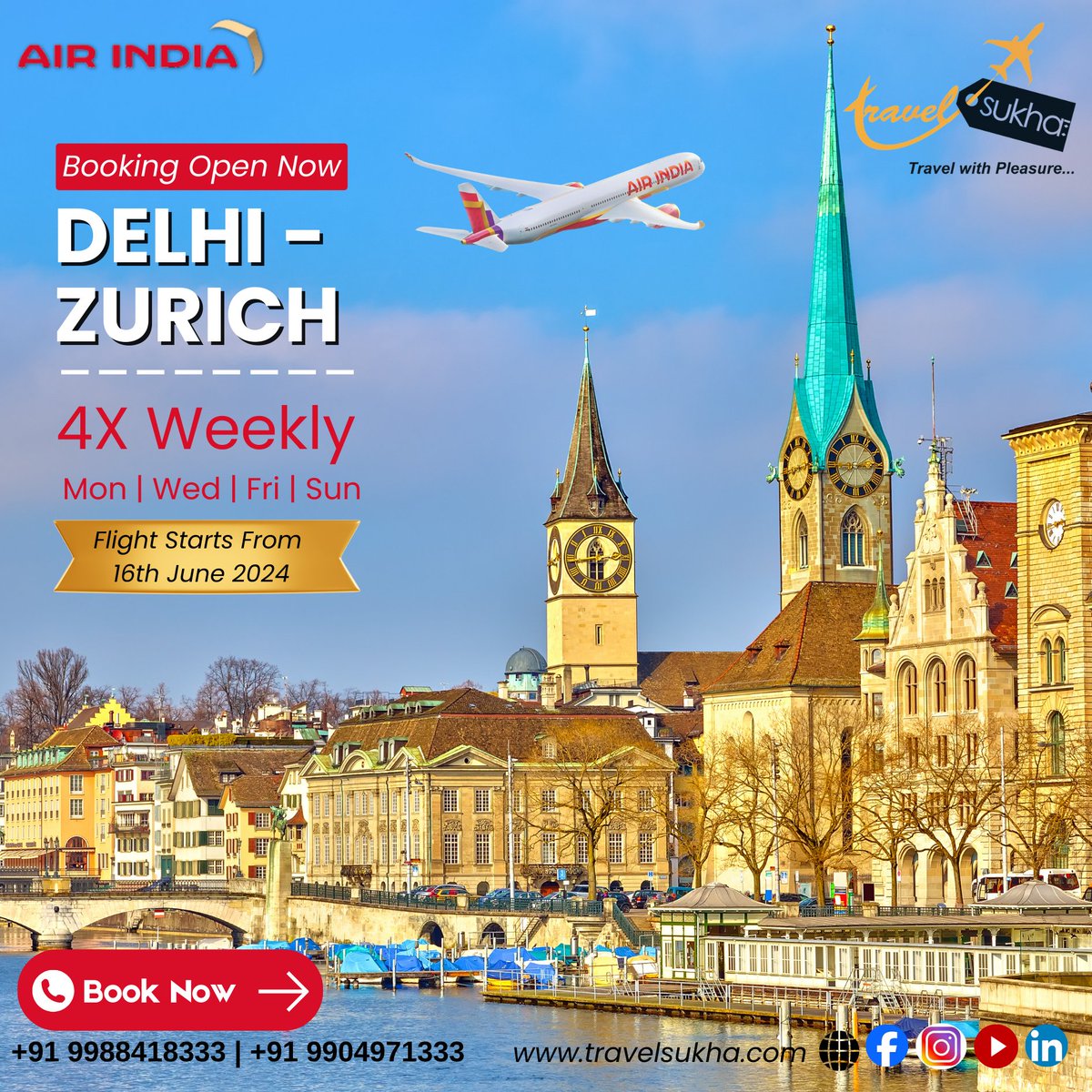 Adventure awaits with Travel Sukha! ✈️📷 Discover the beauty of Zurich with our new flight from Delhi starting June 16th. #TravelSukha #DelhiToZurich #NewFlight #TravelTuesday #Wanderlust #AdventureAwaits #DelhiToZurich #zurich #delhi #airindiaflight #airindia #hindustanzindabad