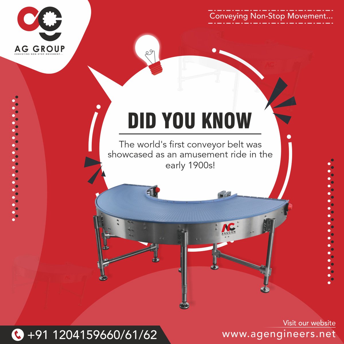 Did You Know ?
.
#aggroup #agengineers #funfact #DidYouKnow  #conveyor #conveyorbelts #modularbelts #conveyorsystems #conveyorsolution #manufacturingindustry #startupbusiness #b2bbusiness #b2cbussiness  #innovation #materialHandling #engineering #efficiency