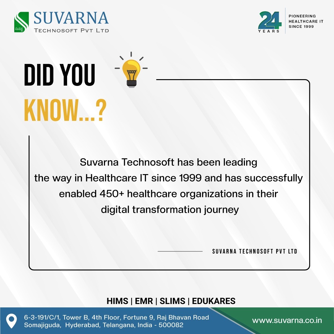 Empowering healthcare organizations with innovative IT solutions – Suvarna Technosoft leads the way, serving over 450 organizations. #HIMS #EMR #LIMS #DMS #RIS #PACS #RISPACS #Suvarnatechnosoft #HealthcareIT #Hospitalsoftware