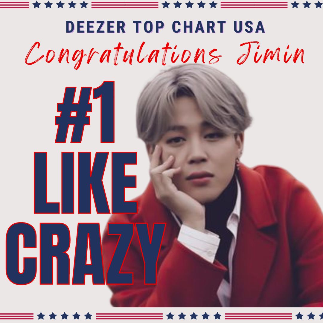 OMG!!!! LIKE CRAZY at #1 !!!! 😭😭😭

Like Crazy  spends its 9th day at #1 on Deezer Top 100 USA 🇺🇲 

CONGRATULATIONS JIMIN   
WELL DONE JIMERICA  
#DeezerKingJimin 
#LikeCrazyDeezerTop1