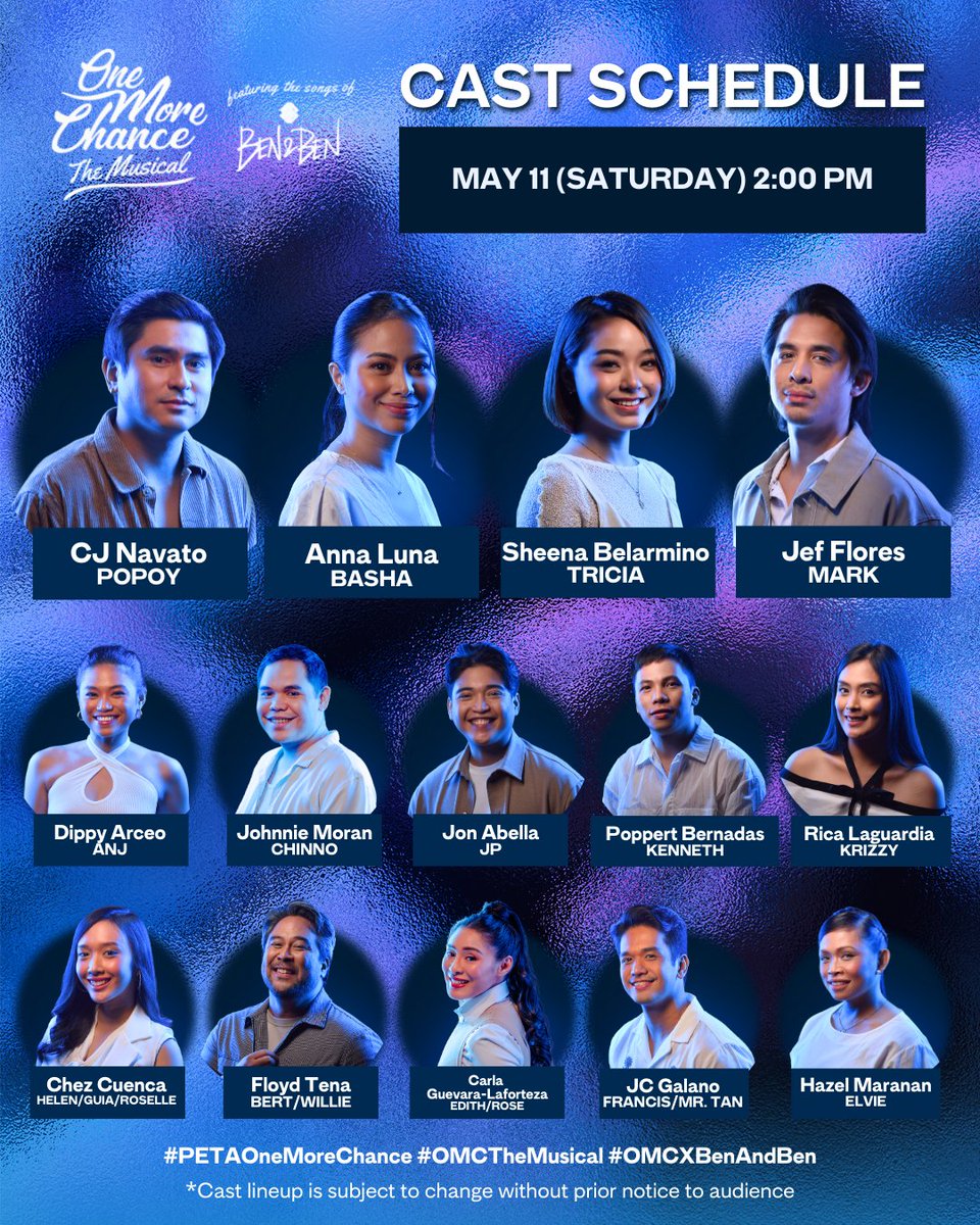 petatheater's tweet photo. After our nine-show week, we’re continuing our hype with a mix-and-match set for this week's shows for #PETAOneMoreChance! 💙

Swipe to check out our cast schedule for this weekend! 💫 [2/2]

Tag us in your posts! @petatheater

#OMCTheMusical
#OMCXBenAndBen https://t.co/0cP6VlSNuJ