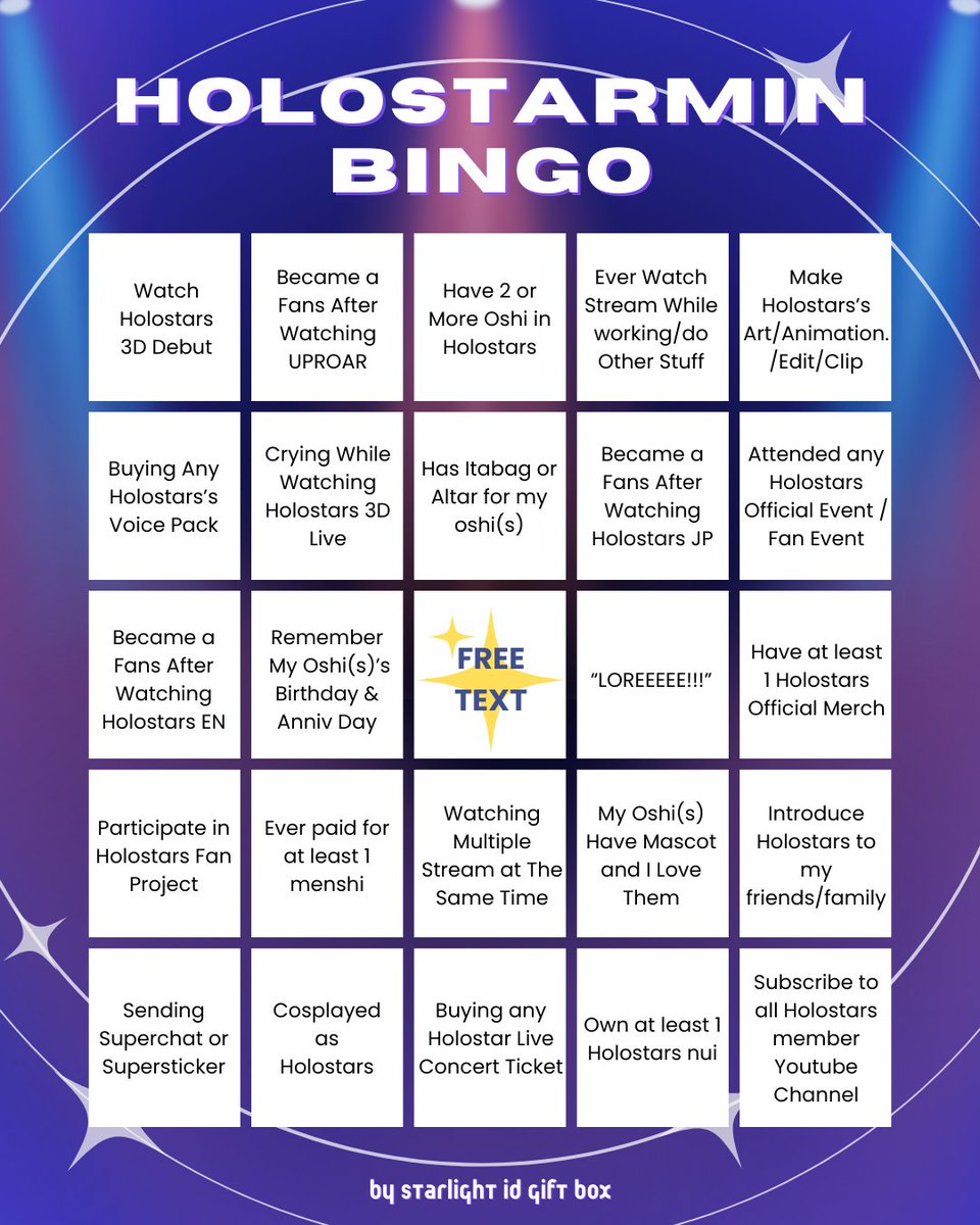 🌟Holostarmin/Tempura/Armada Let's Play!🌟
We make a bingo card to share your experiences. How many bingos can you get?  👀