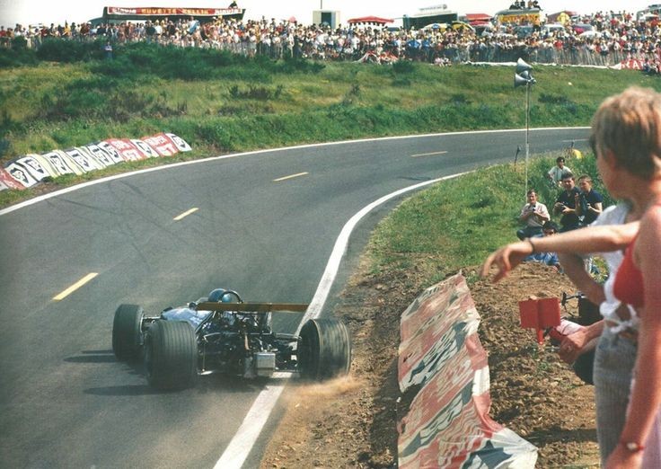 French Grand Prix 1969 Charade Clermont Ferrand Jackie Ickx going off road in his Brabham BT26-A/Ford. The 38-lap race was won by Matra driver Jackie Stewart after he started from pole position. His teammate Jean-Pierre Beltoise finished second and Brabham driver Jacky Ickx…