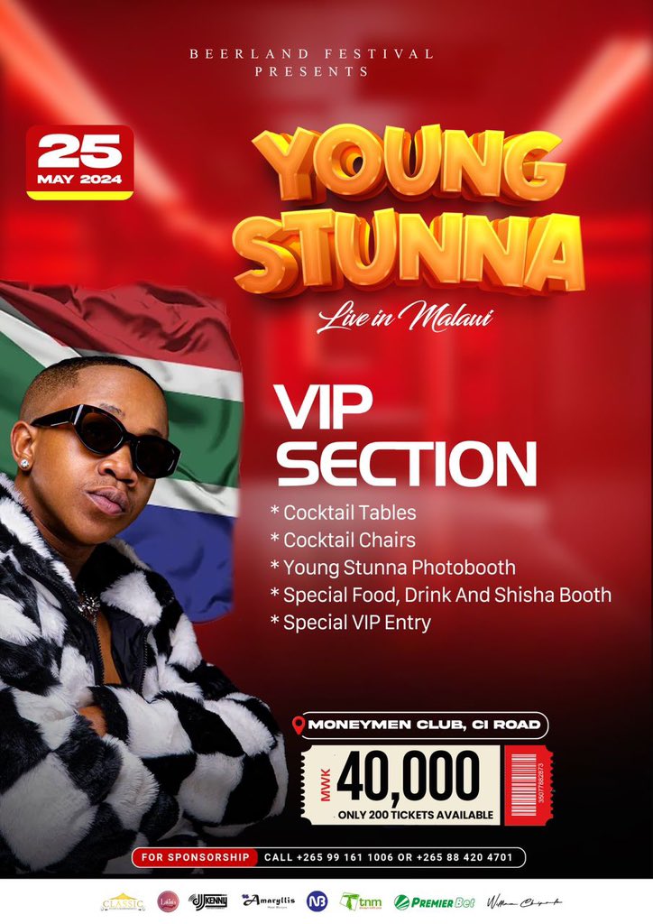 Ticket yanu mwaipeza kale ? Chifukwa nde akuthatu😋

Pezani yanu lero zisakuphonyeni 

#BeerlandYoungStunna 
#YoungStunnaLiveInMalawi 
#YoungStunnaMalawi