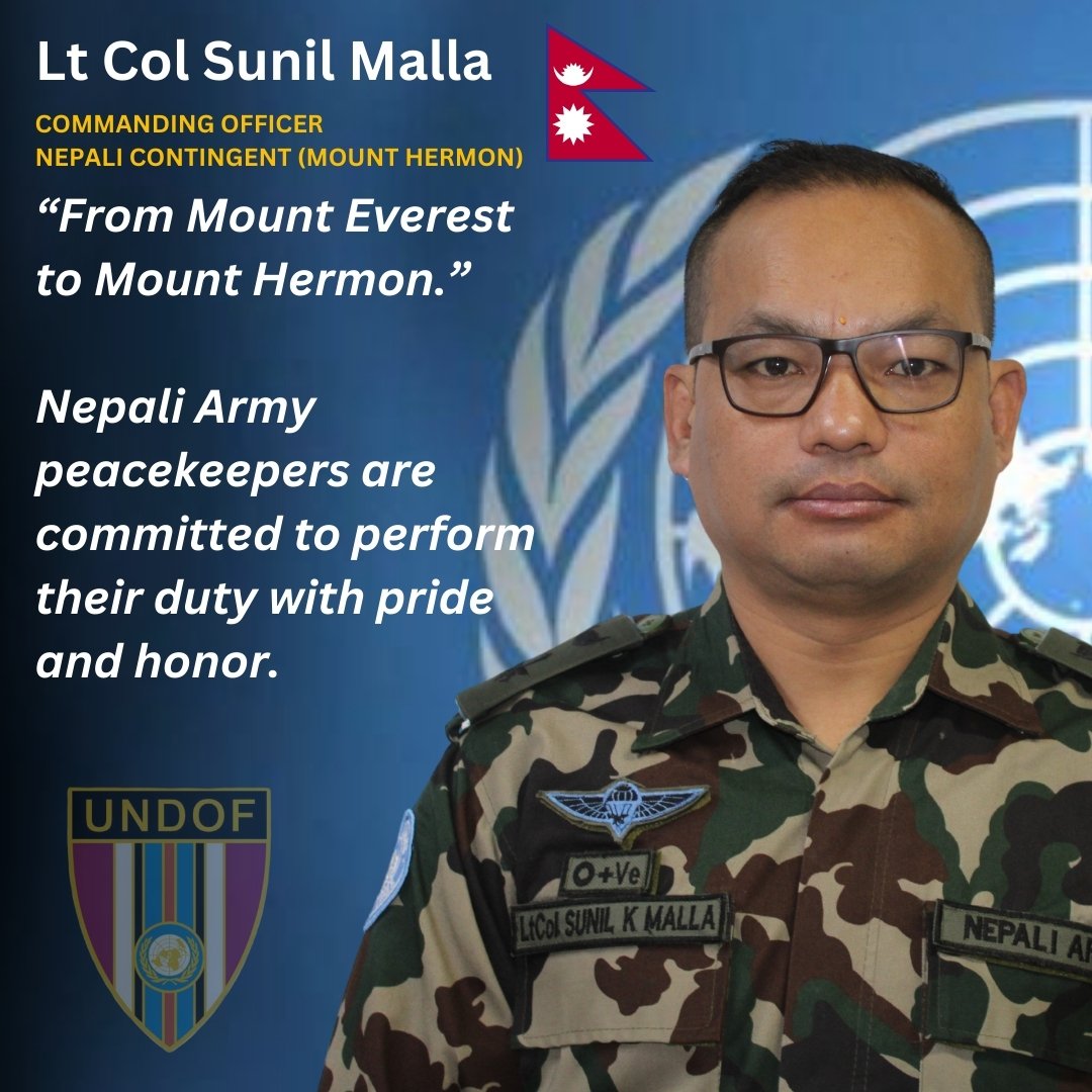 Lt Col Sunil Malla, Commanding Officer of the Nepali Contingent (NEPCON) units on Mount Hermon, serving on the #Golan with #UNDOF shares his message as we approach 50 years contributing to peace. #UNDOF50
