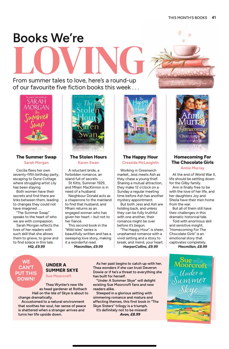 Linda Hill (@lindahill50hill) on Twitter photo Delighted that Wednesday’s new edition of <a href="/TheFriendMag/">The People's Friend</a> has my paperback choices of <a href="/SarahMorgan_/">Sarah Morgan - A Secret Escape out now!</a> <a href="/KarenSwan1/">Karen Swan</a> <a href="/CressMcLaughlin/">Cressida McLaughlin</a> @AnnieMurray085 & <a href="/SueMoorcroft/">Sue Moorcroft author ☀️#OverTheSeaToSkye☀️</a>
Grab your copy Wednesday!
<a href="/HarperCollinsUK/">HarperCollinsUK</a> <a href="/AvonBooksUK/">Avon Books UK</a> <a href="/panmacmillan/">Pan Macmillan</a> <a href="/HQstories/">HQ Stories</a> <a href="/fictionpubteam/">HarperFiction PR</a> Delighted that Wednesday’s new edition of <a href="/TheFriendMag/">The People's Friend</a> has my paperback choices of <a href="/SarahMorgan_/">Sarah Morgan - A Secret Escape out now!</a> <a href="/KarenSwan1/">Karen Swan</a> <a href="/CressMcLaughlin/">Cressida McLaughlin</a> @AnnieMurray085 & <a href="/SueMoorcroft/">Sue Moorcroft author ☀️#OverTheSeaToSkye☀️</a>
Grab your copy Wednesday!
<a href="/HarperCollinsUK/">HarperCollinsUK</a> <a href="/AvonBooksUK/">Avon Books UK</a> <a href="/panmacmillan/">Pan Macmillan</a> <a href="/HQstories/">HQ Stories</a> <a href="/fictionpubteam/">HarperFiction PR</a>