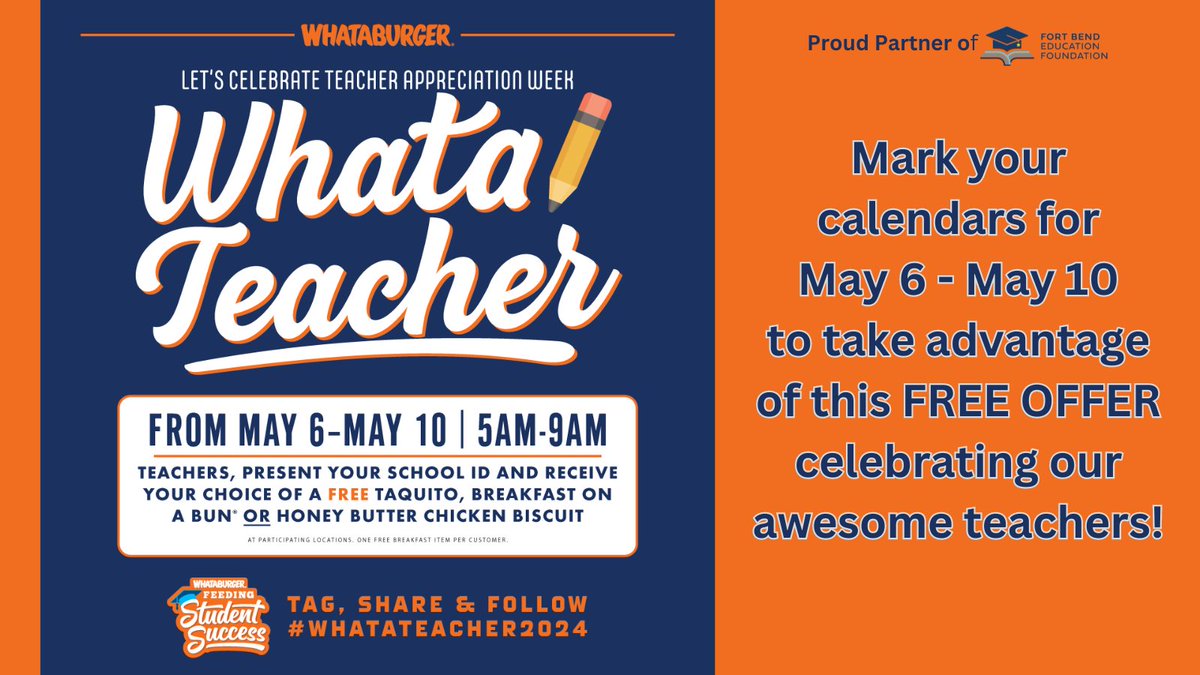 Don’t forget to stop by @Whataburger this week for a FREE breakfast item in celebration of Teacher Appreciation Week! Mornings between 5-9am, show your school ID and request a FREE taquito, breakfast on a bun or a honey butter chicken biscuit! Promotion ends this Friday, May 10.
