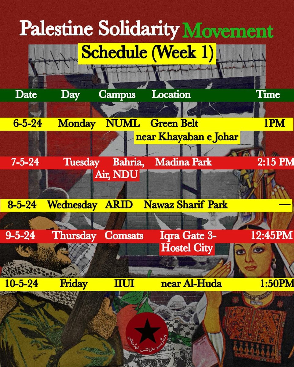 Schedule of the first week of PrSF's Palestine Solidarity Campaign.