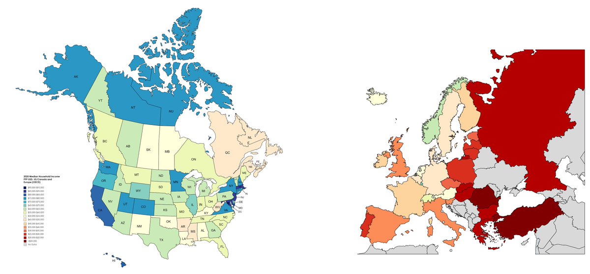 The US, especially its blue states, are fantastically wealthy compared to Europe, especially since 2008. 

The median household income of Massachusetts is 2x that of Germany and 3x that of the UK. It's 50% more than Norway, even with its fantastic oil wealth.