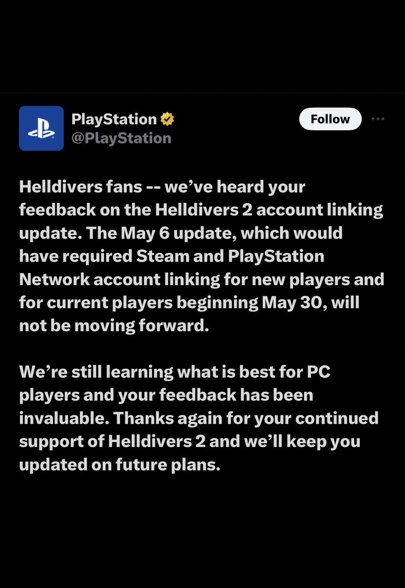 PlayStation is no longer moving forward with the PSN requirement for #Helldivers2 This comes after the game received over 200K negative reviews on Steam in 3 days