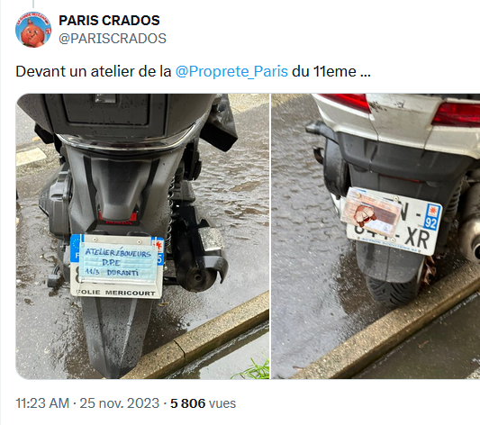 Paris : pour échapper aux PV de la Ville de Paris, des employés de la Ville de Paris cachent leurs plaques d'immatriculation.