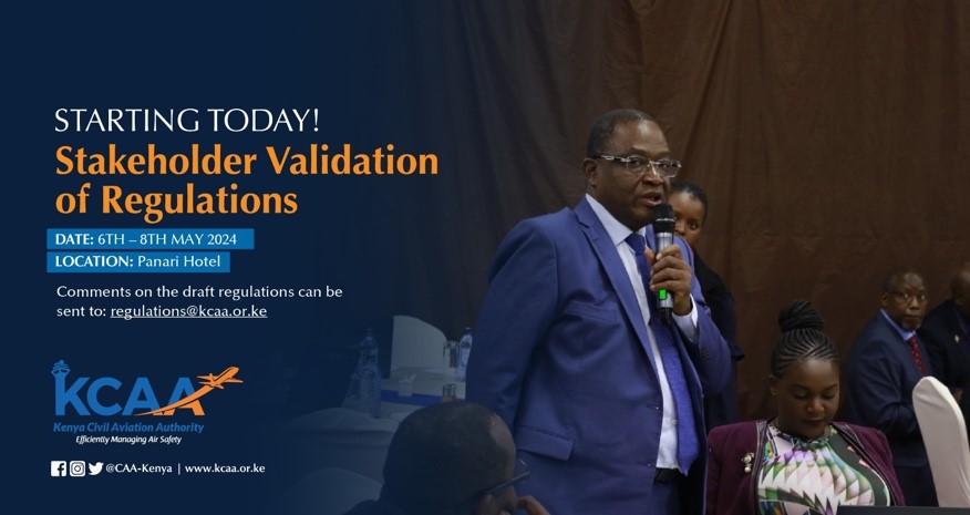 Are you an aviation industry stakeholder? Make sure to join the stakeholder validation of draft regulations happening today, 6 May until Wednesday 8 May at the Panari Hotel. Register at: forms.office.com/r/TcUj4c6JRR