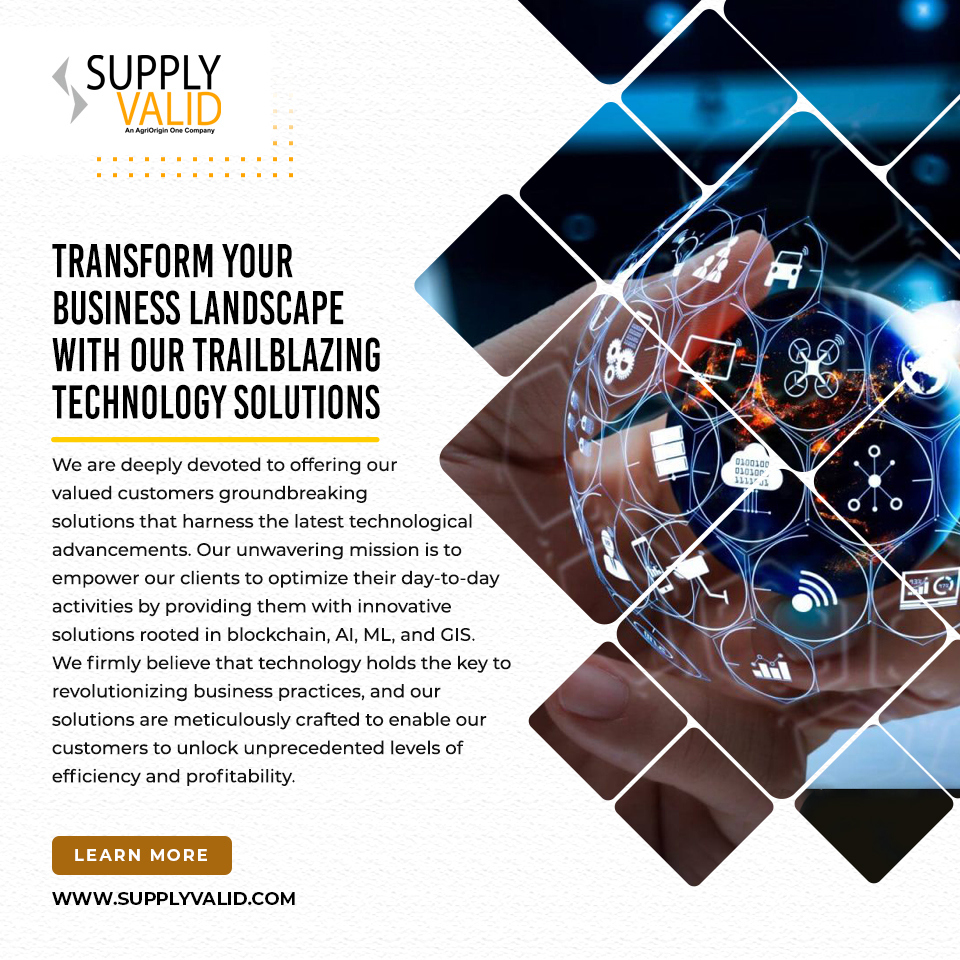 We are deeply devoted to offering our valued customers groundbreaking solutions that harness the latest technological advancements.

To know more please visit us at: supplyvalid.com

#SupplyValid #InnovativeSolutions #BlockchainTechnology #technologysolutions
