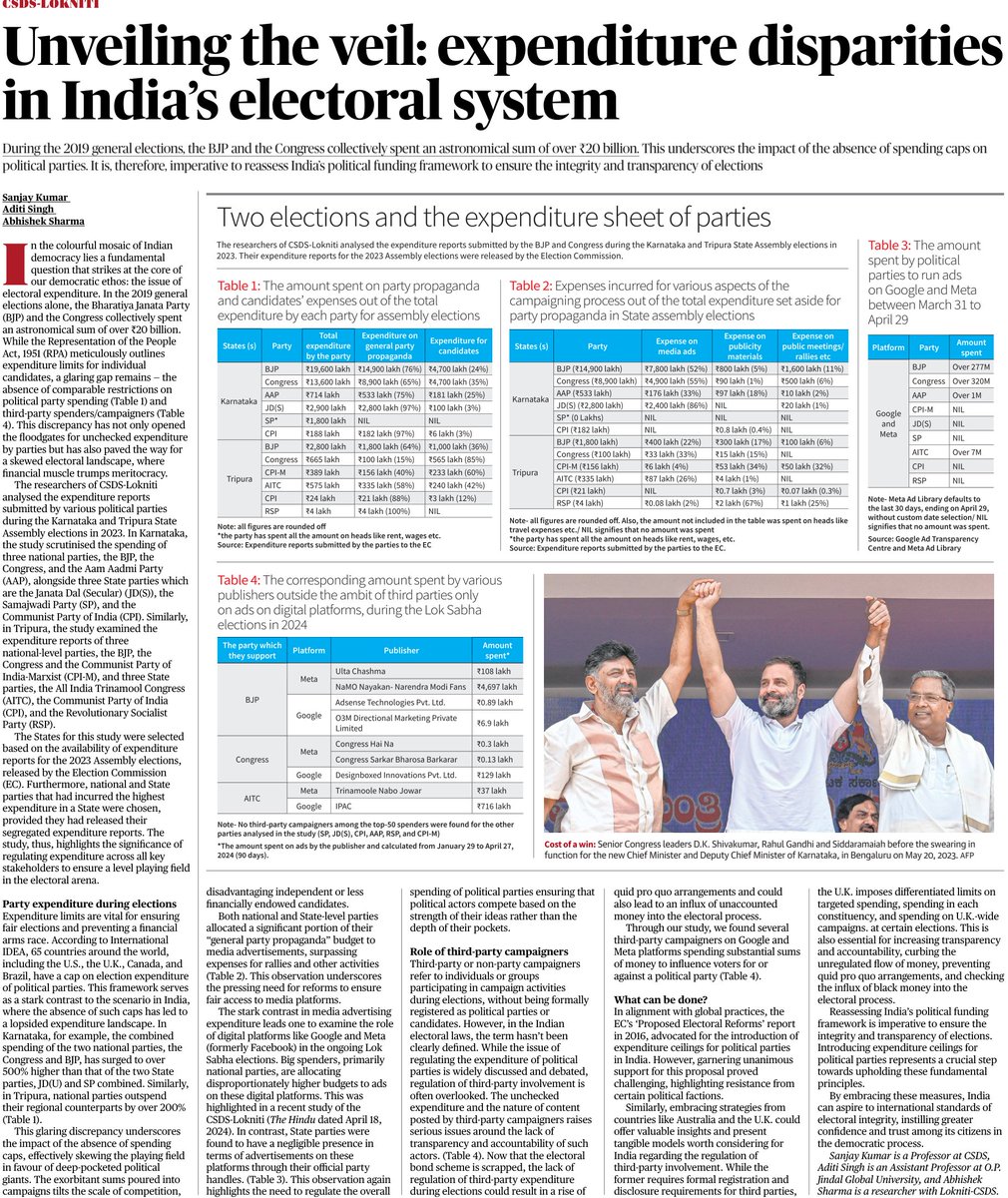 Delving into the heart of #Indiandemocracy, @LoknitiCSDS's latest piece by @sanjaycsds, Aditi Singh & Abhishek Sharma tackles the critical issue of #electoralexpenditure. ~'In the #2019elections, #BJP & #Congress collectively splurged over 20 billion.'