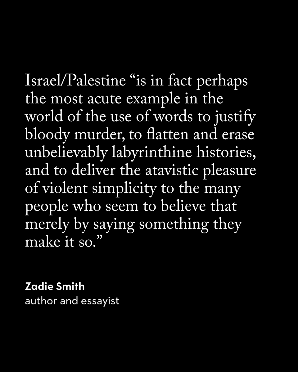 No one needa more than a handful of simple words to say why they support Palestine. 

'Children are mass murdered'
Or
'Everyone deserves freedom and dignity'
Should do it. 

But when people try to explain why they support Israel, you get what Zadie Smith does in the New Yorker: a…