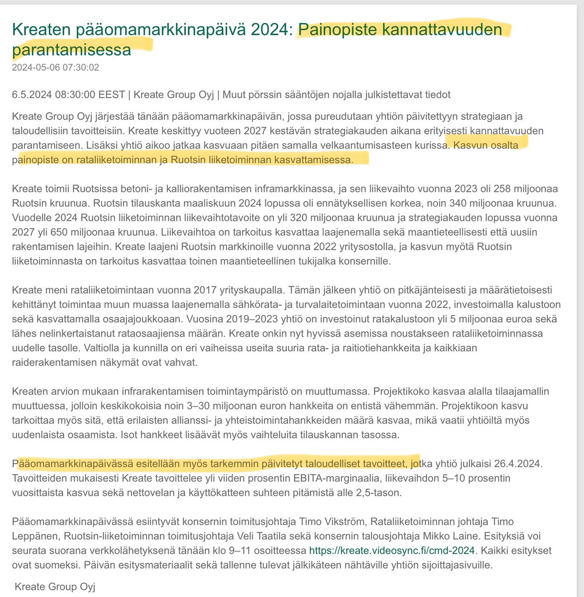 #KreateCMD tiedote klo 8:30 🇫🇮 aikaa. 

Painopiste 🎯 kannattavuudessa. 

Kasvua haetaan näissä: 🛤️ & 🇸🇪

Päivitetyt taloudelliset tavoitteet käydään läpi tarkemmin 🔎

Proggis alkaa klo 9.