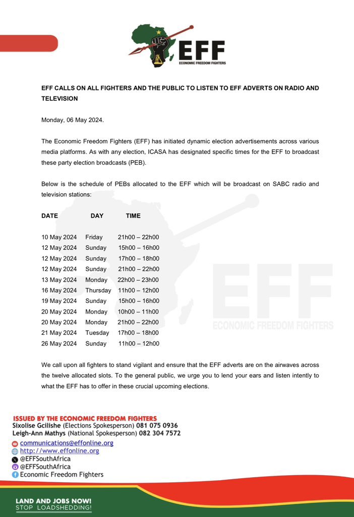EFF Calls On All Fighters And The Public To Listen To EFF Adverts On Radio And Television. #VukaVelaVotaEFF