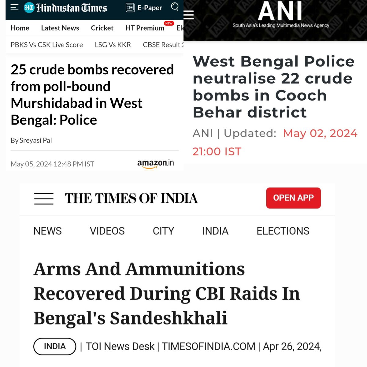 West Bengal: Now, at least 25 crude bombs & raw materials for making the bombs were recovered from Murshidabad district. Four days ago, 22 crude bombs were neutralized in Cooch Behar district. A week ago, arms & ammunitions recovered in Sandeshkhali.