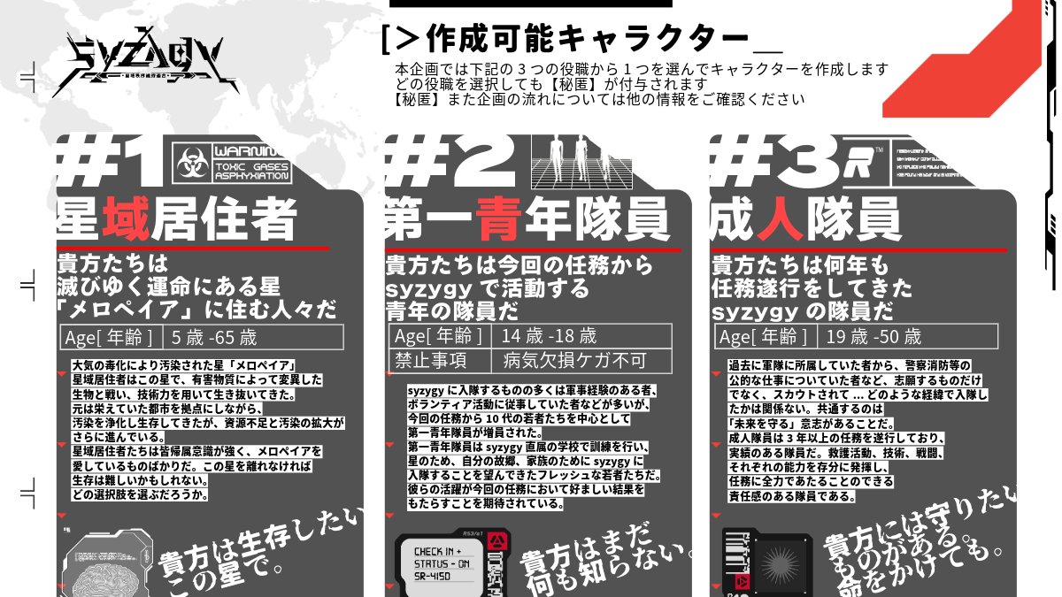 syzygy_TL's tweet photo. _/_/_/_/_/_/_/_/_/_/_/_/_/_/_/_/
リアルタイム一次創作企画
𝘀𝘆𝘇𝘆𝗴𝘆[シジー] 【星域秩序維持連合】

R18G×秘匿×強制ロスト 
”Accomplish a Mission”

開催期間/時期未定
フォロワー一定数以上で開催予定
_/_/_/_/_/_/_/_/_/_/_/_/_/_/_/_/
#創作企画
#syzygy_official https://t.co/iek4WdPnUS