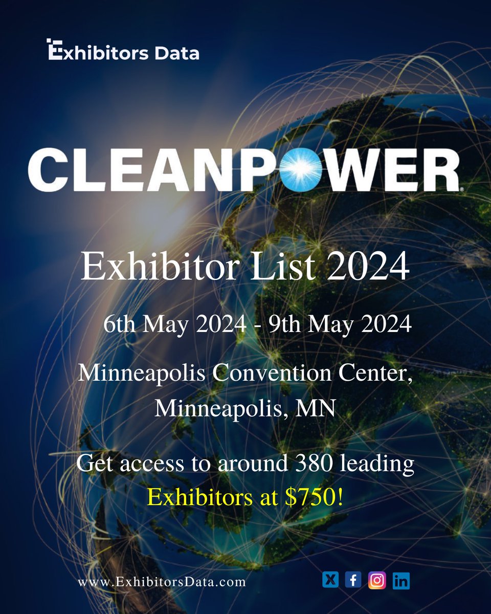 Harness CLEANPOWER Exhibitor List 2024 to establish connections and fraternize with policymakers, industry frontrunners, construction firms, operators, manufacturers, and financial firms.

visit: exhibitorsdata.com/product/cleanp…

#cleanpower2024 #exhibitorsdata #cleanpower #minnesota