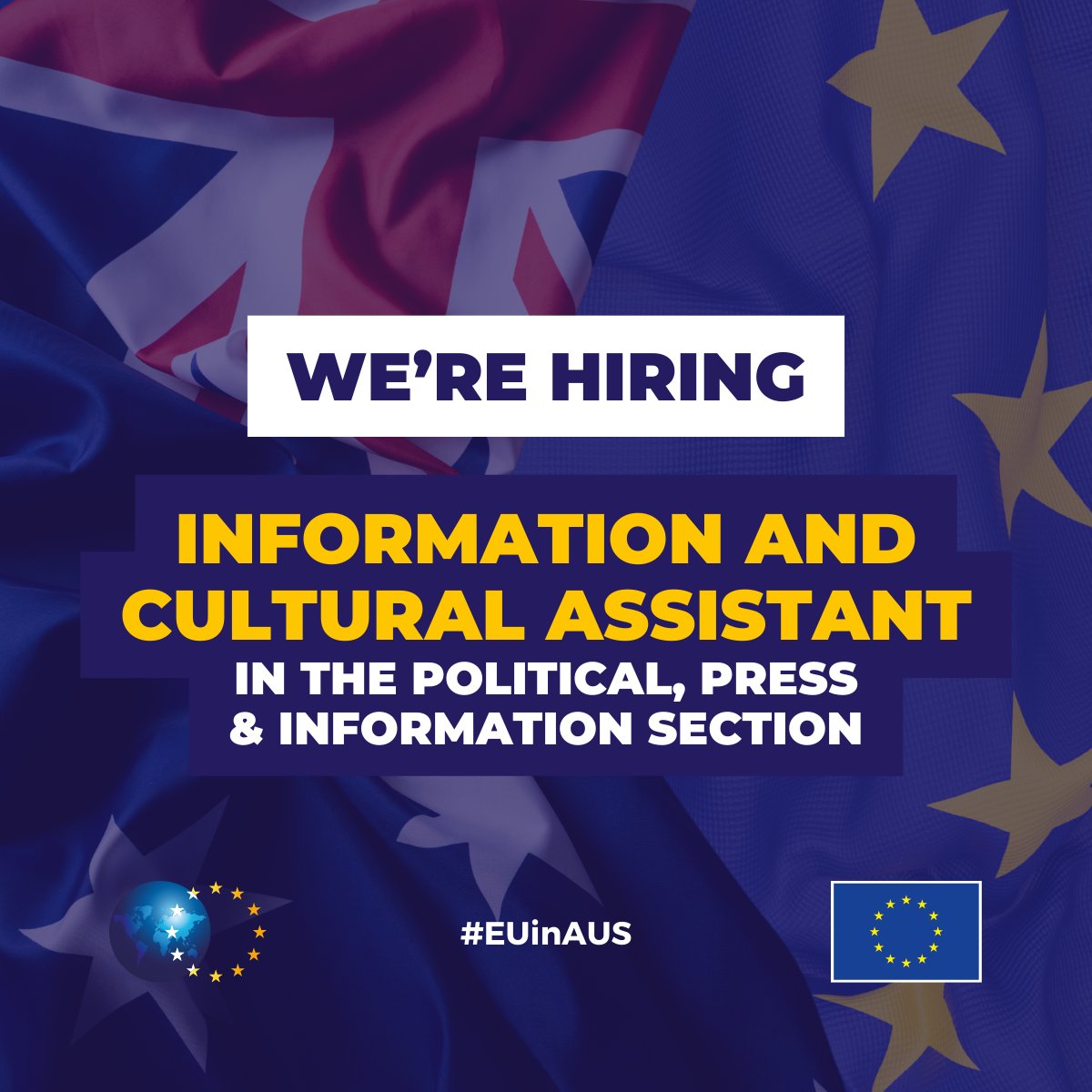 Are you passionate about cultural exchange and event coordination? 🇪🇺 The EU Delegation in #Canberra 🇦🇺 is looking for a dynamic 𝗜𝗻𝗳𝗼𝗿𝗺𝗮𝘁𝗶𝗼𝗻 𝗮𝗻𝗱 𝗖𝘂𝗹𝘁𝘂𝗿𝗮𝗹 𝗔𝘀𝘀𝗶𝘀𝘁𝗮𝗻𝘁 to join our team. Read more about this opportunity: eeas.europa.eu/delegations/au…