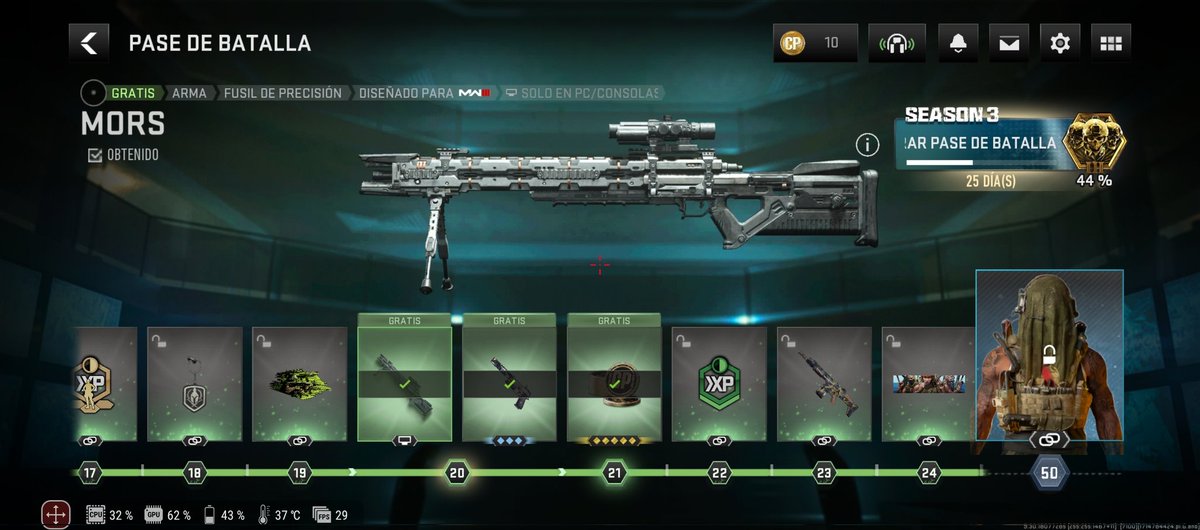 Serol604's tweet photo. @WarzoneMobile @WarzoneMobile  I don't know if it's just me who has this bug but I'm already level 45 of the pass and I can't see the MORS in my gunsmith https://t.co/FbBnAumohc