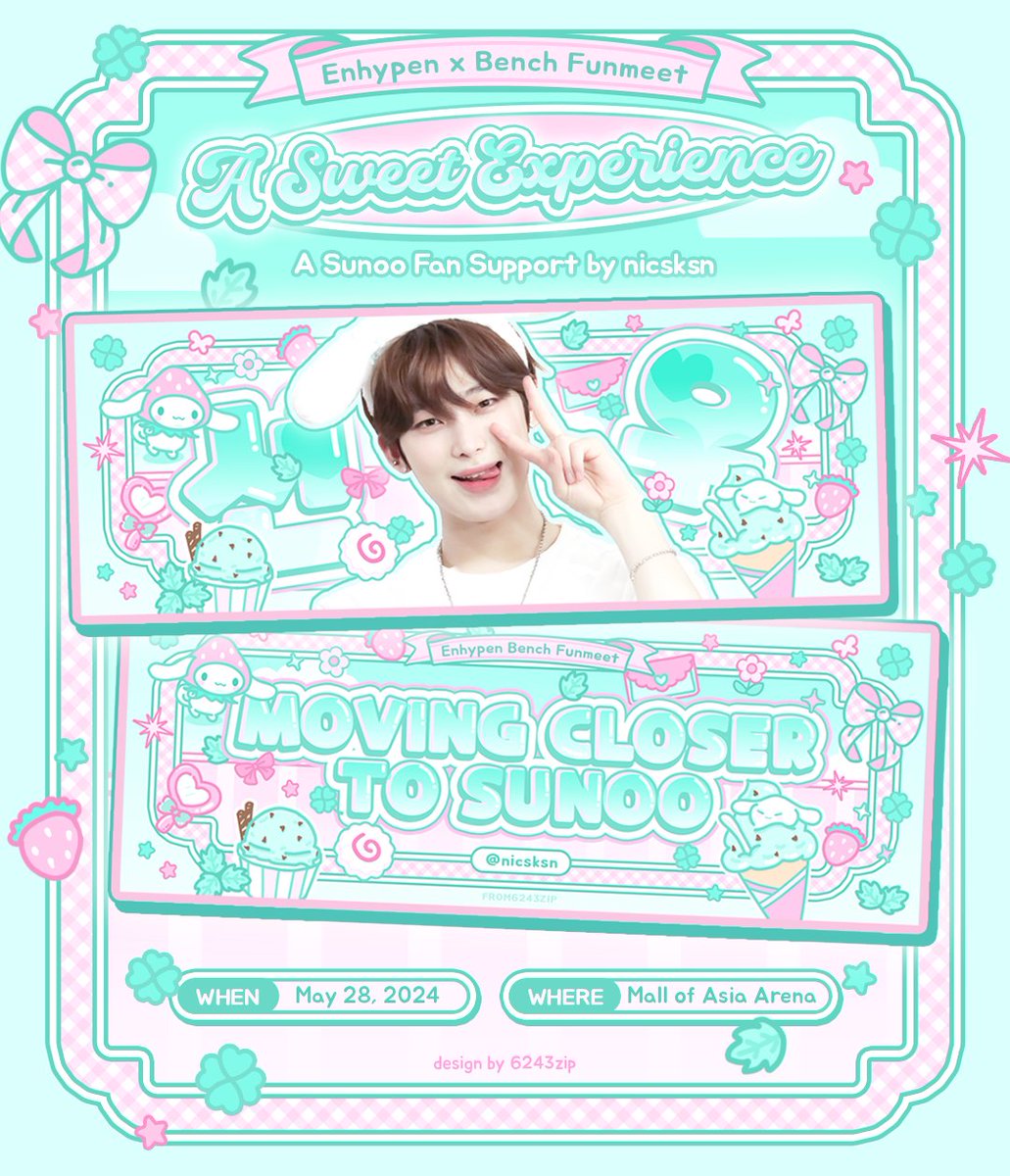 ✨️ ENHYPEN x BENCH FUNMEET ✨️

୨୧ Sunoo fan support by nicsksn ୨୧

𖹭 rt &amp; like
𖹭 1:1 ratio (limited)
𖹭 exact loc and time: tba 

#SUNOO #from6243zip
#BENCHandENHYPEN #ENHYPEN
#ASweetExperienceWithBENCH