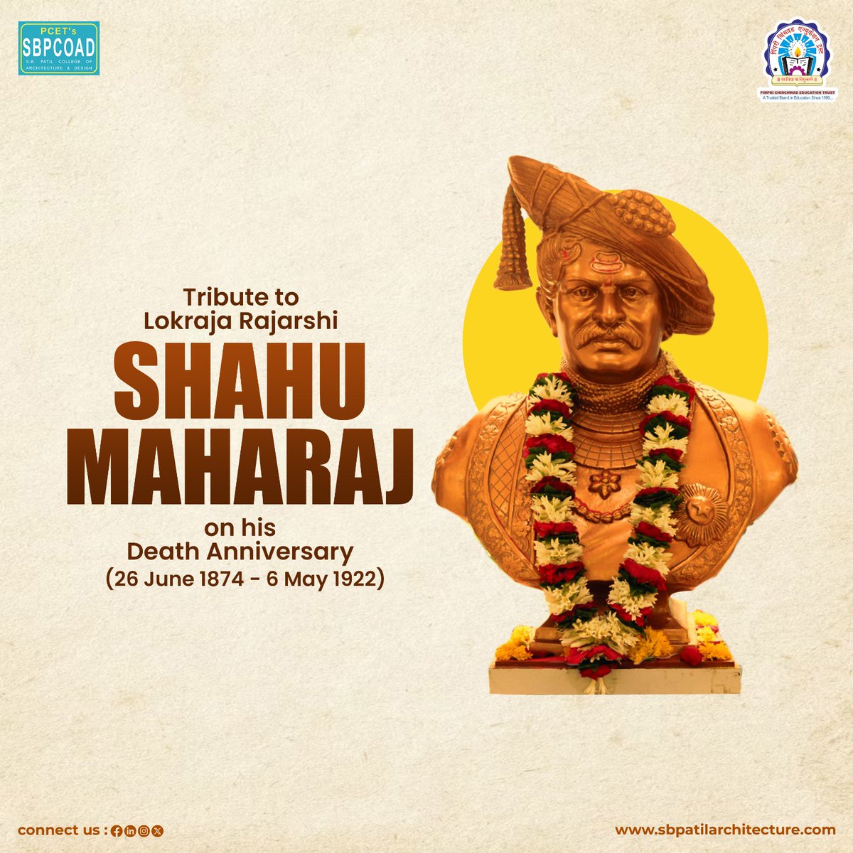 Greetings to Lokraja Rajarshi Shahu Maharaj on his death anniversary, who strived to create an educated and equal society & to provide equal opportunities to all! #PCET #SBPCOAD #ShahuMaharajPunyatithi #ChatrapatiShahuMaharaj #RajarshiShahuMaharaj #छत्रपतीशाहूमहाराज