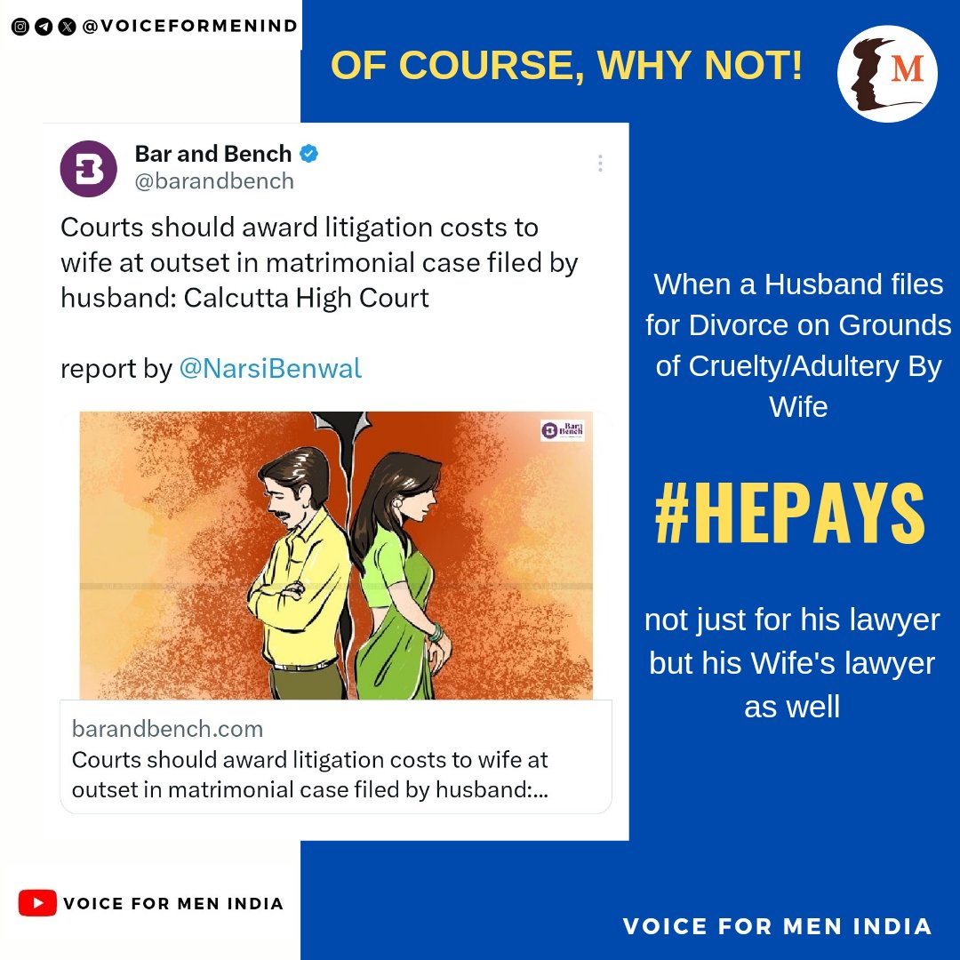 ▪️Husband has suffered ▪️Husband has been harassed ▪️Husband is initiating divorce ▪️Husband is seeking justice BUT, Husband has to pay for Wife's Litigation Costs 👏👏👏 #VoiceForMen #HePays