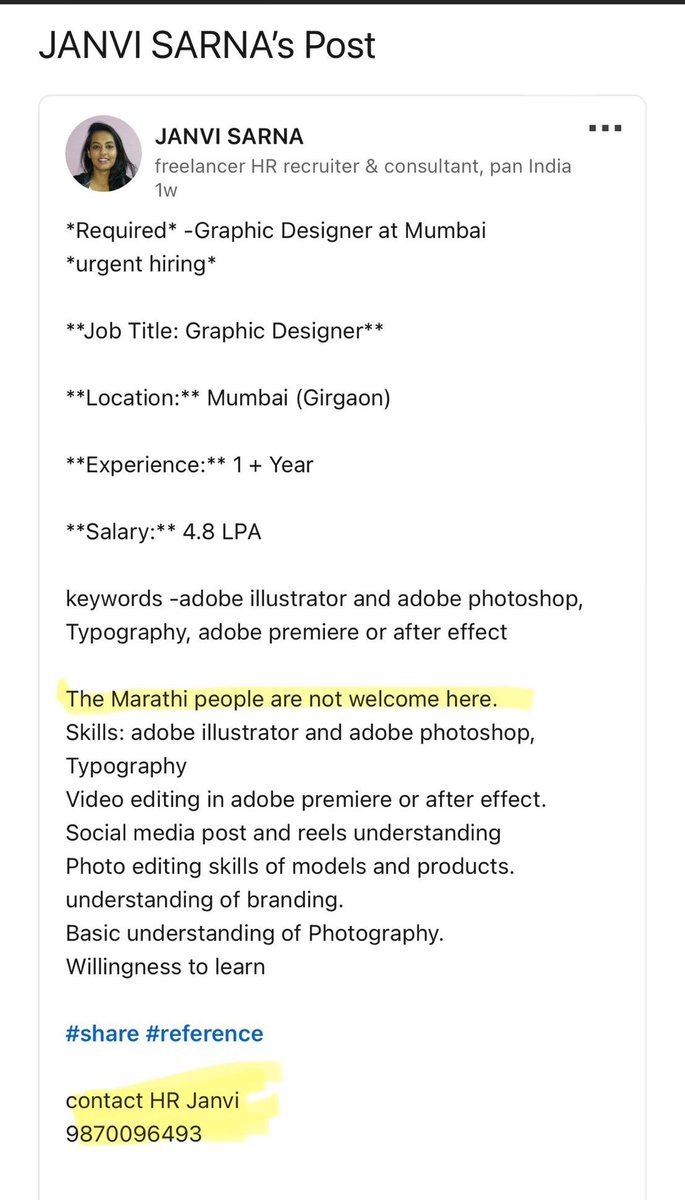 This is Janvi Sarna from Surat. HR recruiter in IT CODE INFOTECH.
In one of her linkedIn post she mentioned a very discriminatory condition
“#Marathi People are not welcome here”.
Please take action.
#StopHatingMarathis