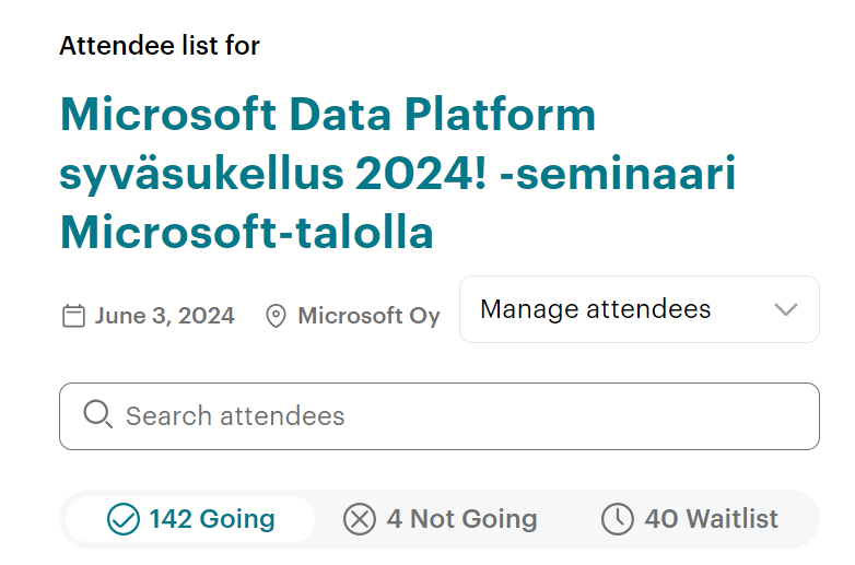 I don't know about you but I feel very #humbleandhonored that our community data platform full day deep-dive at the beginning of June is fully booked with 142 attendees and already 40 on the waitlist! #MicrosoftFabric @oskarialex 

If you have registered and not able to join,…