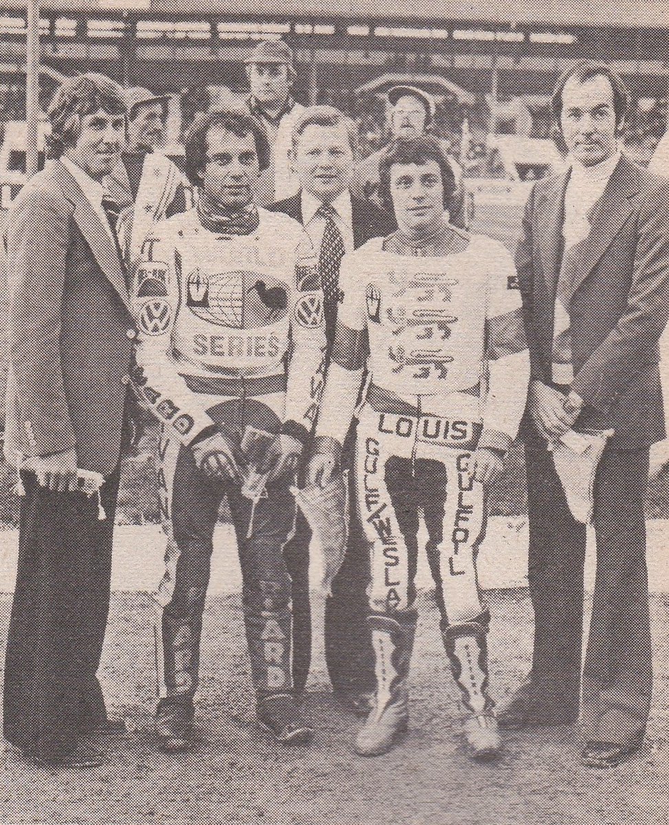 Team Managers Barry Briggs & John Berry with their respective captains Ivan Mauger & John Louis prior to 1st England v Rest of the World Test @ White City in 1977. John top scored for England with 13 points in their 63-45 victory while Michael Lee won the man of the match award.