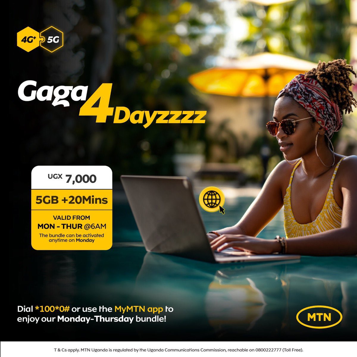 New week, new bundle! 
Get #Gaga4Dayzzzz for only 7k and enjoy 5GB of data + 20 minutes of talk time valid until Thursday 6AM. 

Dial *100*0# or use the #MyMTN App to activate ⚡️

 #TogetherWeAreUnstoppable