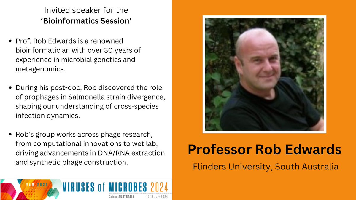 🥁Drum roll 🥁 We are thrilled to announce Prof. Rob Edwards (@linsalrob) as the keynote speaker for our bioinformatics session #VoM2024! With 30+ years of expertise in bioinformatics and pioneering research in phage dynamics, don't miss his insights into phage bioinformatics