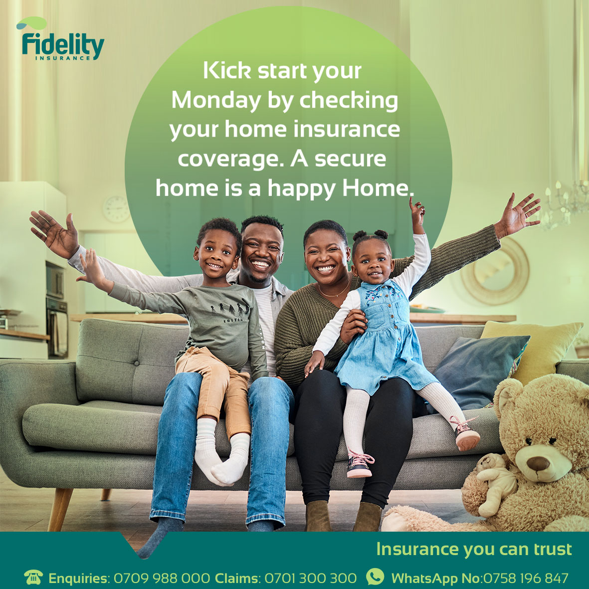 Make sure your domestic insurance package is ready to handle anything life throws your way. Call us on 0709988000 today and stay protected.
#fidelityinsurance #insuranceyoucantrust #insurance #homeinsurance #monday