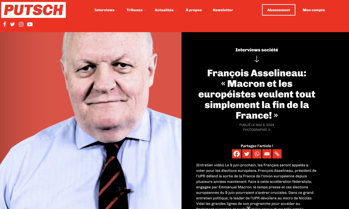 🎙️ Le grand entretien de François Asselineau sur Putsch Live: « Macron et les européistes veulent tout simplement la fin de la France! » : putsch.media/20240506/inter… @f_asselineau @uprtvfa #Frexit #Europeennes2024