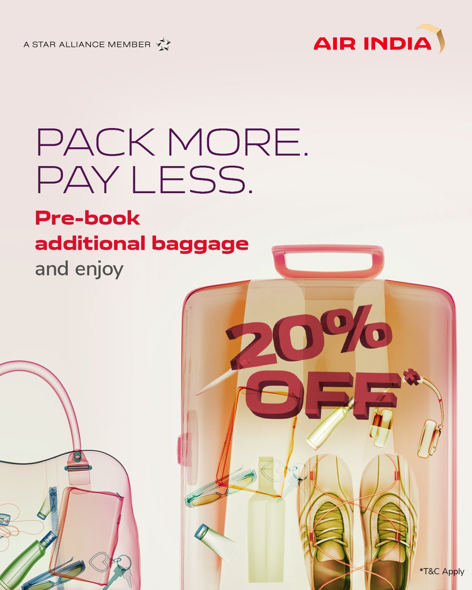 Why go light when you can pack more for less? Pre-book your additional baggage with Air India and enjoy 20% off*. *T&C Apply #FlyAI #AirIndia #Baggage #PrepaidBaggage #NonStopExperiences