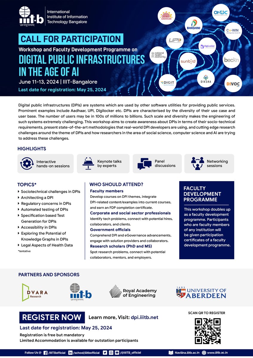 We are organising a workshop and FDP on Digital Public Infrastructures in the Age of AI at #IIITBangalore from Jun 11-June 14, 2024. For details: dpi.iiitb.net For Registration: forms.gle/q4vAYVroaRVCwn… Last date for registration: May 25, 2024.