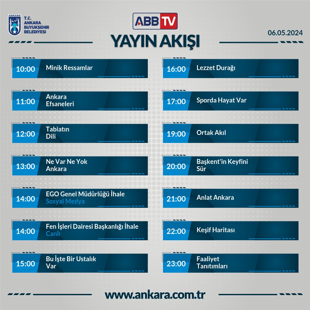 🎞️ 6 MAYIS 2024 ABB TV YAYIN AKIŞI Haftalık Yayın Akışı İçin TIKLA: 🔗 ankara.com.tr/yayin-akisi İzlemek İçin TIKLA: 🔗 ankara.com.tr