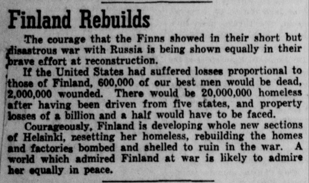 #HitlerStalinPact 'If the U.S. had suffered losses proportional to those of Finland, 600,000 of our best men would be dead, 2,000,000 wounded. There would be 20,000,000 homeless after having been driven from five states'The Tacoma times, May 06, 1940
chroniclingamerica.loc.gov/lccn/sn8808518…