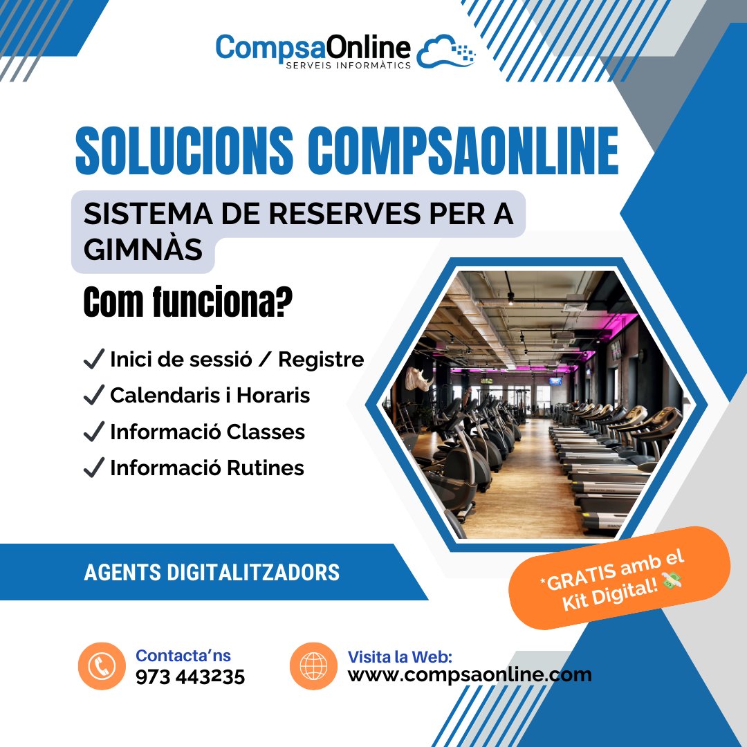 SOLUCIONS COMPSAONLINE: SISTEMA DE RESERVES PER A GIMNÀS.
📞 Més info a la nostra web (bit.ly/3mmZgp1) o truca’ns al 973 443235.

#CompsaOnline #webdesign #DissenyWebProfesional #DesenvolupamentWeb #AgentsDigitalitzadors #ExperiènciaDigital