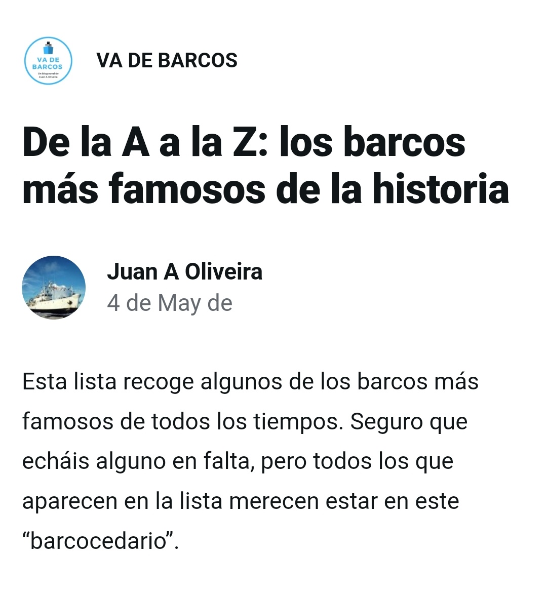 📢 Esta semana en @vadebarcos: 👉 El #Barcocedario: Un antología de los barcos más famosos de la historia, de la A a la Z vadebarcos.net/2024/05/04/de-…