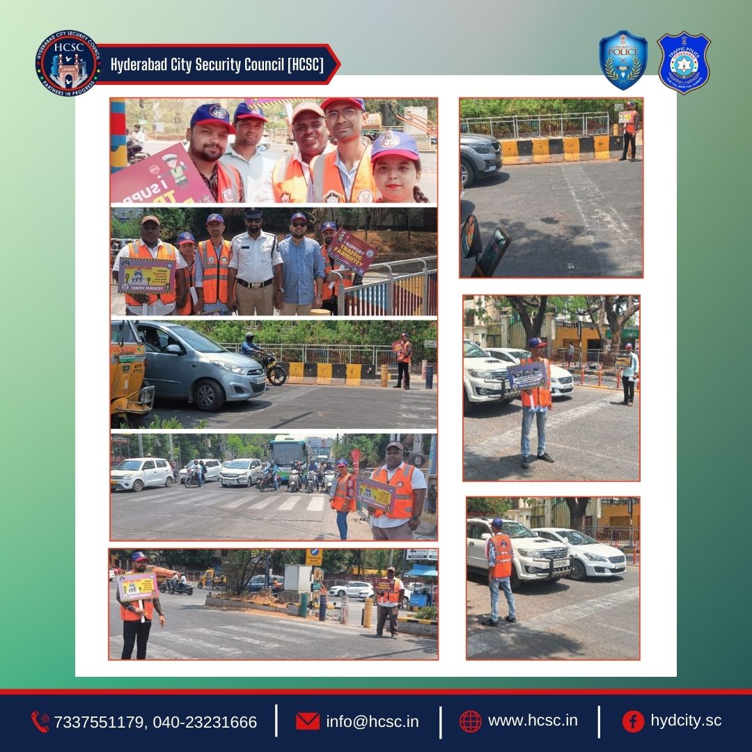 On 5th May 2024, Hyderabad City Security Council (HCSC), along with their traffic volunteers (Traffic Farishtey), manned the KBR Park Junction to promote road safety awareness. The team educated commuters on crucial safety measures like wearing a helmet and seatbelts, adhering