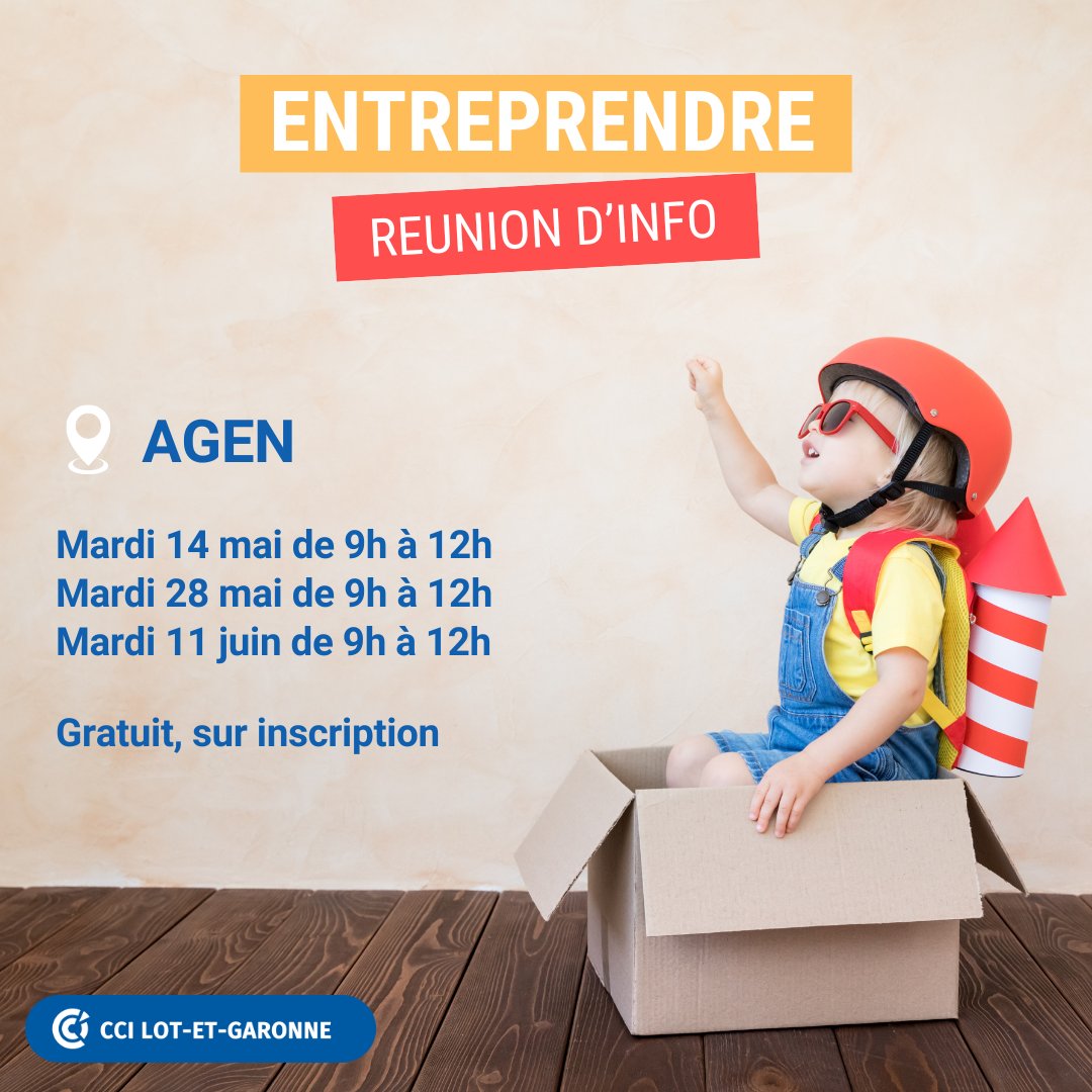 [CRÉATION/REPRISE]
🚀 Vous souhaitez créer ou reprendre une entreprise ?
En une demi-journée, vous découvrirez la méthodologie pour passer de l’idée au projet.

👉 Inscription en ligne : swll.to/ZdCCTJh ou au 05 53 77 10 00 - com@cci47.fr

#creationentreprise