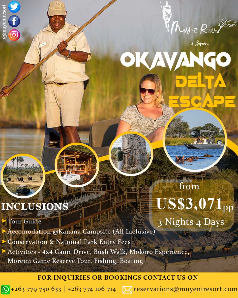 Escape to Okavango Delta with us and explore all that it has to offer. With its adventurous activities, amazing nature & wildlife. It is the ideal destination to visit. For bookings, WhatsApp +263779750633 | Call +263774106714. Payments can be made in installments #AfricanSafari