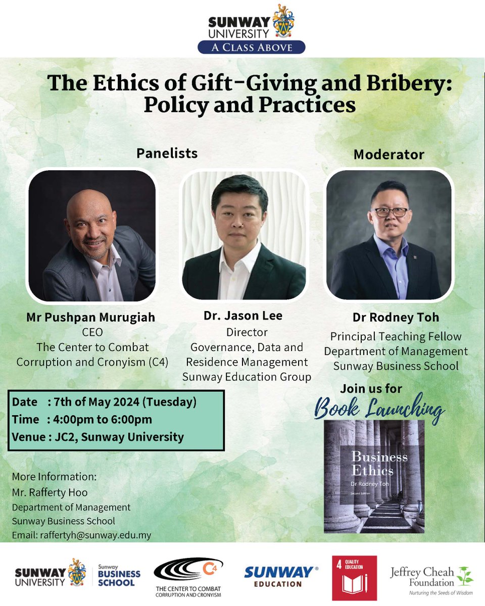 Join us on Tuesday, 7th May, for a talk at a book launch titled “Business Ethics” by Sunway University’s Dr. Rodney Toh. There we will cover the issues of bribery and the culture of gift-giving, what the differences between the two are, and how best to regulate it.
