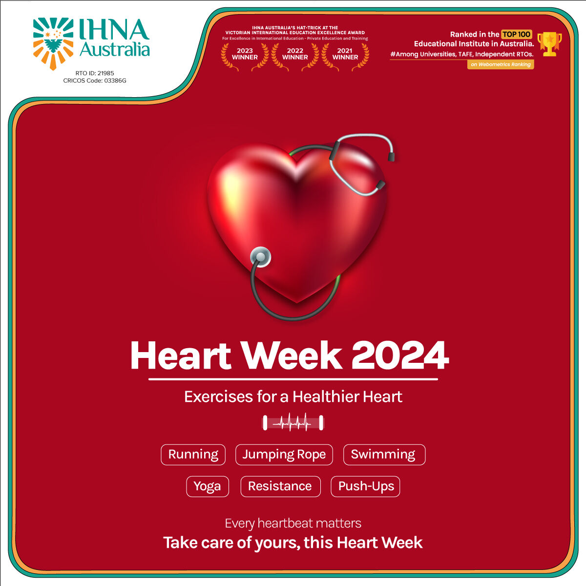 It's Heart Week and we're pumping up the love for cardiovascular health! ❤️ Join us in promoting heart-healthy habits and spreading the message of wellness.
 
#IHNA #IHNAAustralia #HeartWeek #HealthyHeart #WellnessJourney #WellnessCommunity #HealthyLiving