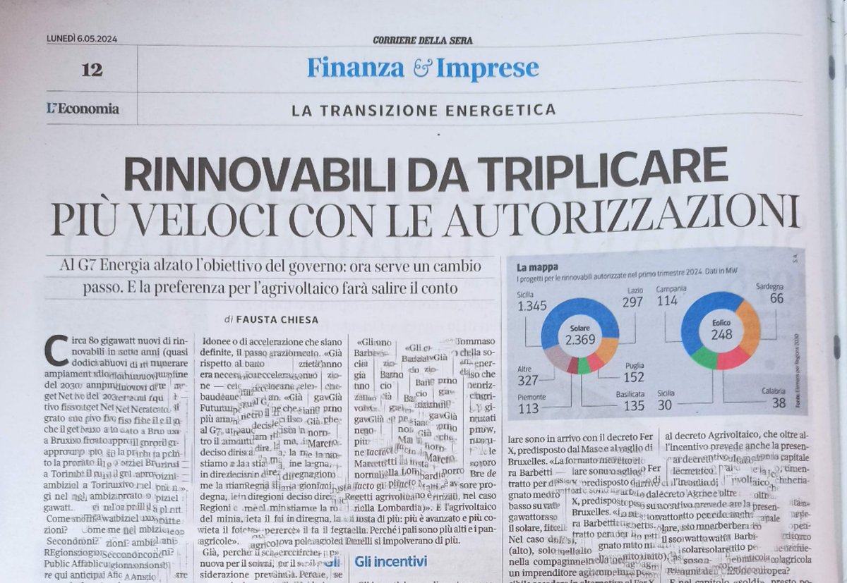 Su <a href="/L_Economia/">Corriere L'Economia</a> gran bell'articolo di <a href="/FAUSTACHIESA1/">Fausta Chiesa</a> che intervista <a href="/tbarbetti/">Tommaso Barbetti</a> su incentivi e autorizzazioni per #rinnovabili (spiegando tra le altre cose i limiti dell'agrivoltaico) 👏👏👏
⚡☀️⚡☀️⚡